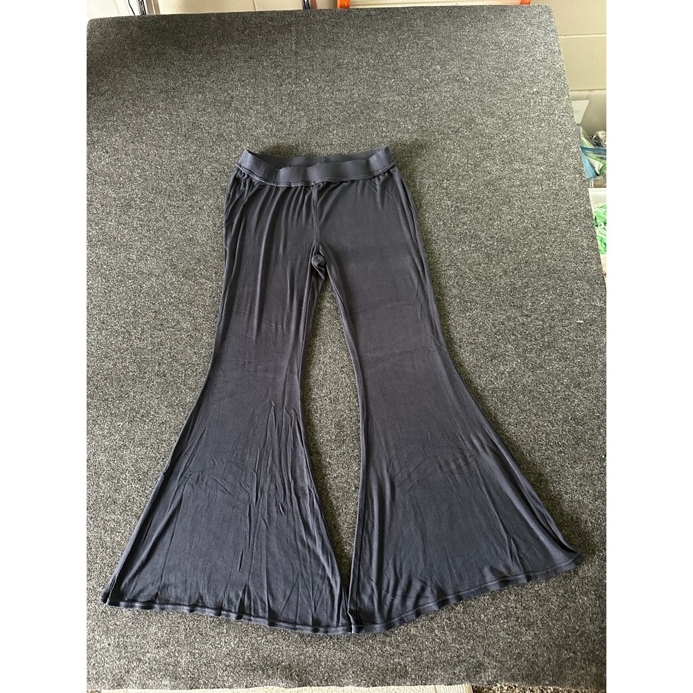 Free People Ribbed Knit Flare Pants Navy Blue Bell Bottom Boho Trousers M